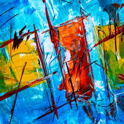 Dynamic abstract painting with vibrant colors and bold brushstrokes creating an energetic composition.